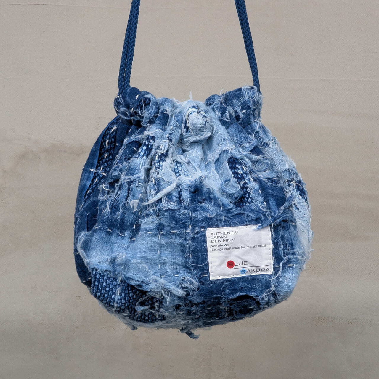 “DENTO” SASHIKO DRAWSTRING BAG BORO ver